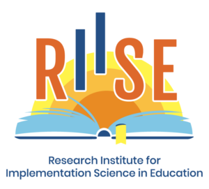 A light blue book lays open with a yellow and orange sun coming out from it. “RIISE” lays on top of the sun in orange lettering with the two I’s in dark blue going up invisible steps. Below in dark blue is “Research Institute for Implementation Science in Education.”