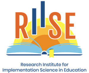 A light blue book lays open with a yellow and orange sun coming out from it. “RIISE” lays on top of the sun in orange lettering with the two I’s in dark blue going up invisible steps. Below in dark blue is “Research Institute for Implementation Science in Education.”