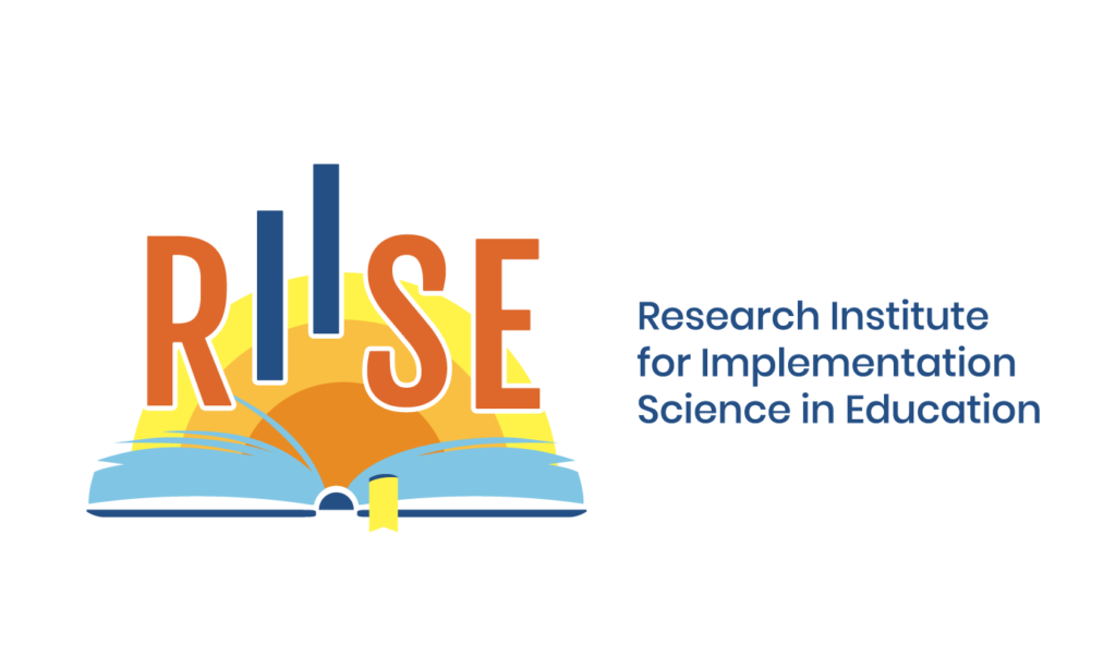 A light blue book lays open with a yellow and orange sun coming out from it. “RIISE” lays on top of the sun in orange lettering with the two I’s in dark blue going up invisible steps. To the right in dark blue is “Research Institute for Implementation Science in Education.”